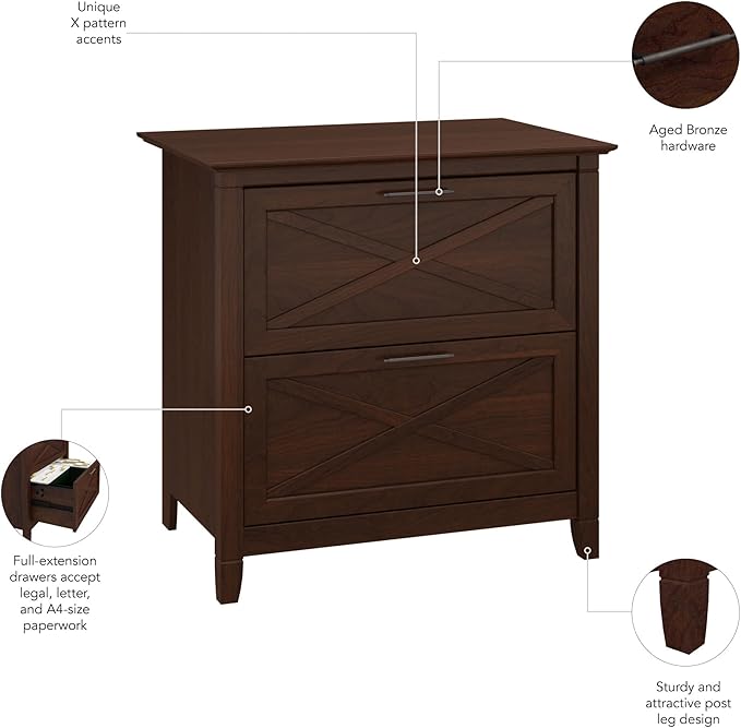 Bush Furniture Key West 2 Drawer Lateral File Cabinet in Bing Cherry, Document Storage for Home Office, Accent Chest with Drawers