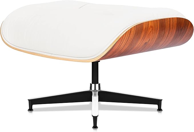 Top White Grain Leather, Mid Century Chaise Lounge Chair and Ottoman, Modern Chair Classic Design, Palisander Wood, Heavy Duty Base Support for Living Room Office