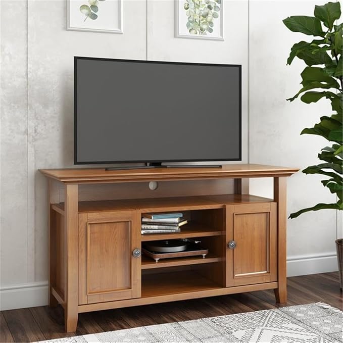 SIMPLIHOME Amherst 54-inch Wide Solid Wood TV Stand in Light Golden Brown, Transitional-Style Media Console for Living Room with Adjustable Shelves and Cable Management
