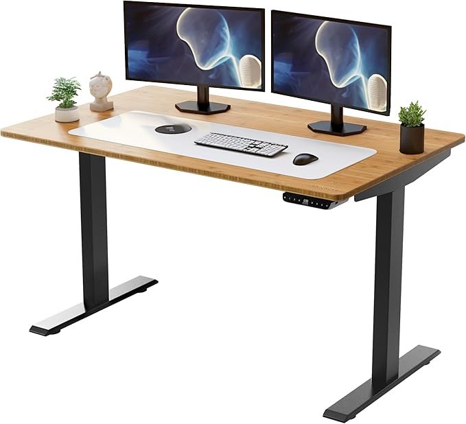 Uncaged Ergonomics Rise Up Electric Standing Desk Adjustable Height 24-49" Dual Motor One Piece 60x30 Bamboo Large Standing Table, Sit Stand Rising Desk Home Office