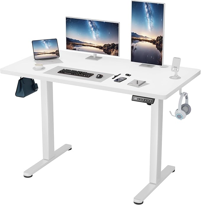 Shahoo 45.2 Inch Standing Desk, Electric Height Adjustable Computer Desks with Hook and Cable Hole, White