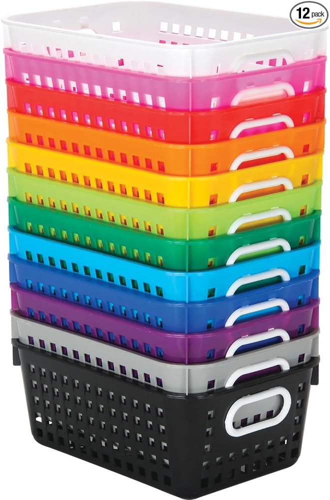 Really Good Stuff Medium Plastic Book Baskets, 11" by 7.5" by 4.5" - 12 Pack, Rainbow, Versatile Storage Solution for Classroom, Home and Office l Toy Storage, Multi-Purpose Organizer Basket