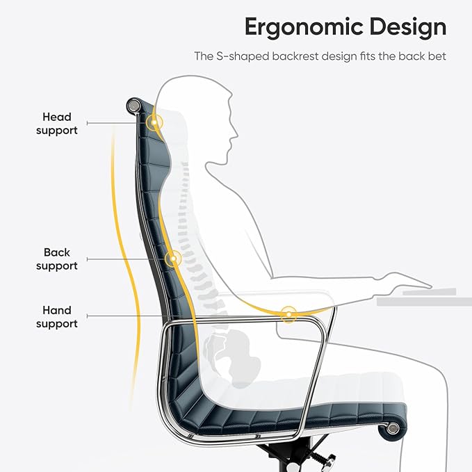 Ribbed Office Chair with Top Grain Leather - High Back Ergonomic Desk Chair with Aluminum Arm Rest and 5-Star Base, Swivel Chair Dark Blue
