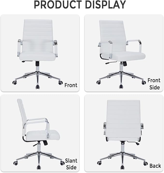 Sidanli Ergonomic Desk Chairs, Executive Swivel Faux Leather Mid Back Chair with Comfortable Lumbar Support and Smooth Rolling Wheels for Office, White