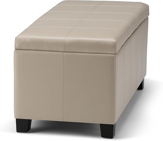 SIMPLIHOME Dover 36 inch Wide Contemporary Rectangle Storage Ottoman Bench in Satin Cream Vegan Faux Leather, Assembled, For the Living Room, Entryway and Family Room