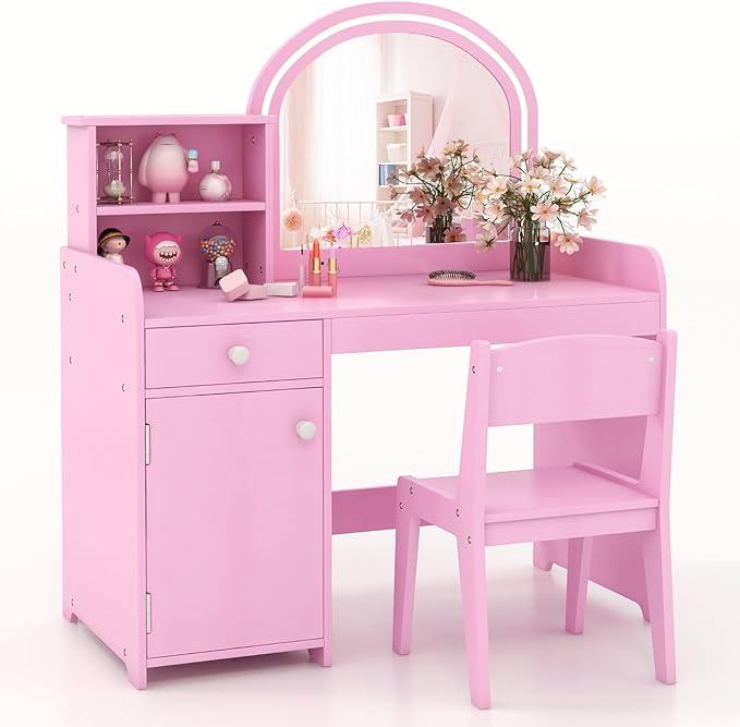 HONEY JOY Kids Vanity with Lights, Little Girls Vanity Set with Mirror and Stool and Lights, Wooden Princess Makeup Dressing Table, Storage Cabinet, Pretend Play Kids Vanity Table and Chair Set(Pink)