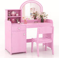 HONEY JOY Kids Vanity with Lights, Little Girls Vanity Set with Mirror and Stool and Lights, Wooden Princess Makeup Dressing Table, Storage Cabinet, Pretend Play Kids Vanity Table and Chair Set(Pink)