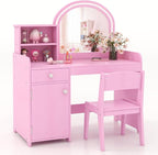 HONEY JOY Kids Vanity with Lights, Little Girls Vanity Set with Mirror and Stool and Lights, Wooden Princess Makeup Dressing Table, Storage Cabinet, Pretend Play Kids Vanity Table and Chair Set(Pink)