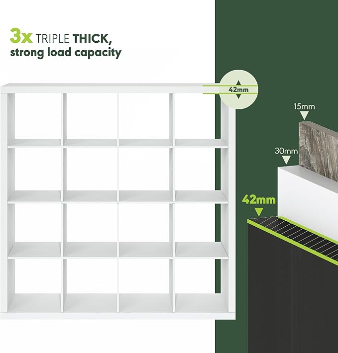Furinno Cubicle Book Shelf, 16-Cube Bookshelf, Triple Thick Frame Cube Storage Organizer, Bookcase, 15.4 x 57.4 x 56.9, for Home Office, Living Room, Plain White