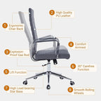 Sidanli Executive Desk Chair, Ergonomic PU Leather Gaming Chair with Adjustable Lumbar Support and Rolling Wheels for Home Office Conference Room, High Back, Gray