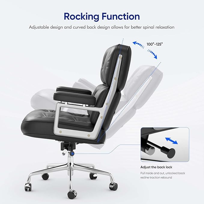 Genuine Leather Office Chair, Mid Back Executive Desk Chairs with Aluminum Arms and Wheels, Swivel Office Leather Chair with Thickened Backrest and Ergonomic Lumbar Support, Black