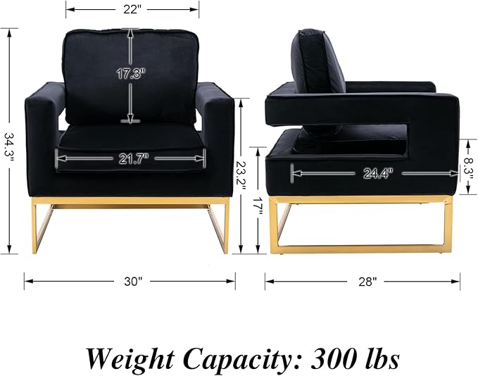 Modern Accent Chair, Velvet Upholstered Side Chair with Backrest, Comfy Armchair Side Chair with Golden Metal Base for Living Room Reception Room, 1PC, Black