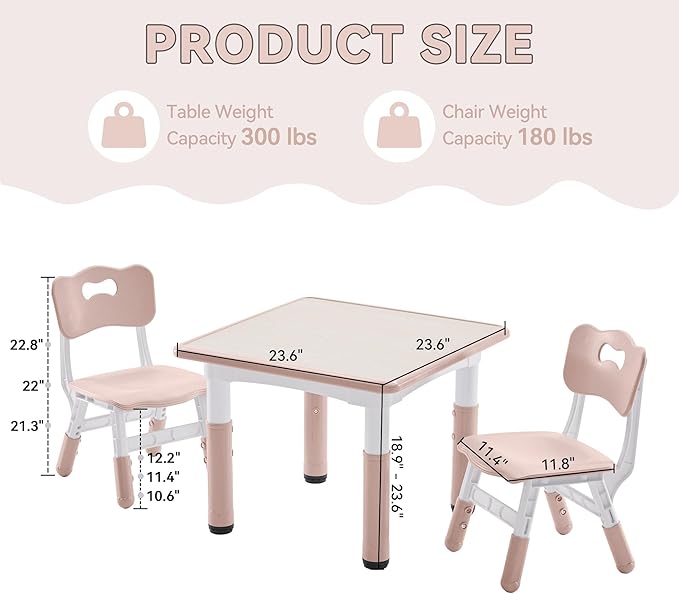 Kids Study Table and Chairs Set, Height Adjustable Toddler Table and Chair Set for Kids Ages 3-8, 23.6" L x 23.6" W Graffiti Desktop Plastic Children Art Table with 2 Seats, W-Pink