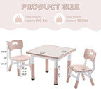 Kids Study Table and Chairs Set, Height Adjustable Toddler Table and Chair Set for Kids Ages 3-8, 23.6" L x 23.6" W Graffiti Desktop Plastic Children Art Table with 2 Seats, W-Pink