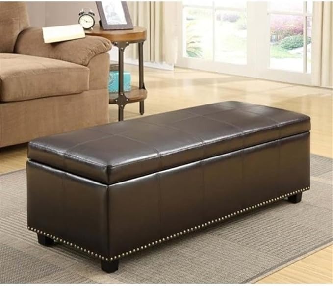 SIMPLIHOME Kingsley 48 inch Wide Transitional Rectangle Large Storage Ottoman in Coffee Brown Vegan Faux Leather, Assembled, For the Living Room, Entryway and Family Room