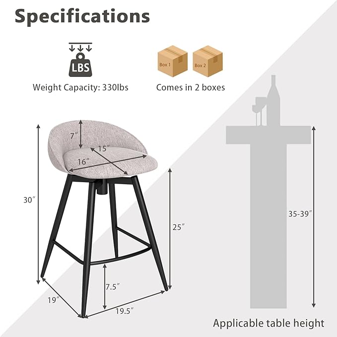 COSTWAY Bar Stools Set of 4, 25" Upholstered Counter Height 360° Swivel Bar Stools w/Backrest & Footrest, Heavy-Duty Metal Frame Armless Breakfast Chairs for Kitchen, Living Room (Set of 4,Grey)