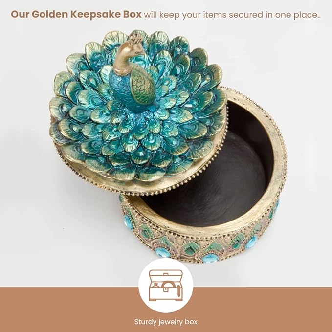 Bits and Pieces Peacock Jewelry Box for Women Small Keepsake Box with Peacock Figurine Lid - Decorative Boxes for Home Decor