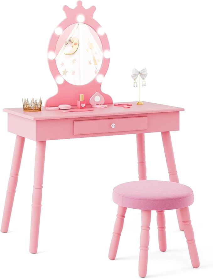 Costzon Kids Vanity, Girls Vanity Set with Mirror and Stool and Lights, Drawer, 2 in 1 Wooden Makeup Vanity Desk Dressing Table, Kids Vanity Table and Chair Set (Pink)