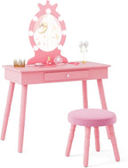 Costzon Kids Vanity, Girls Vanity Set with Mirror and Stool and Lights, Drawer, 2 in 1 Wooden Makeup Vanity Desk Dressing Table, Kids Vanity Table and Chair Set (Pink)