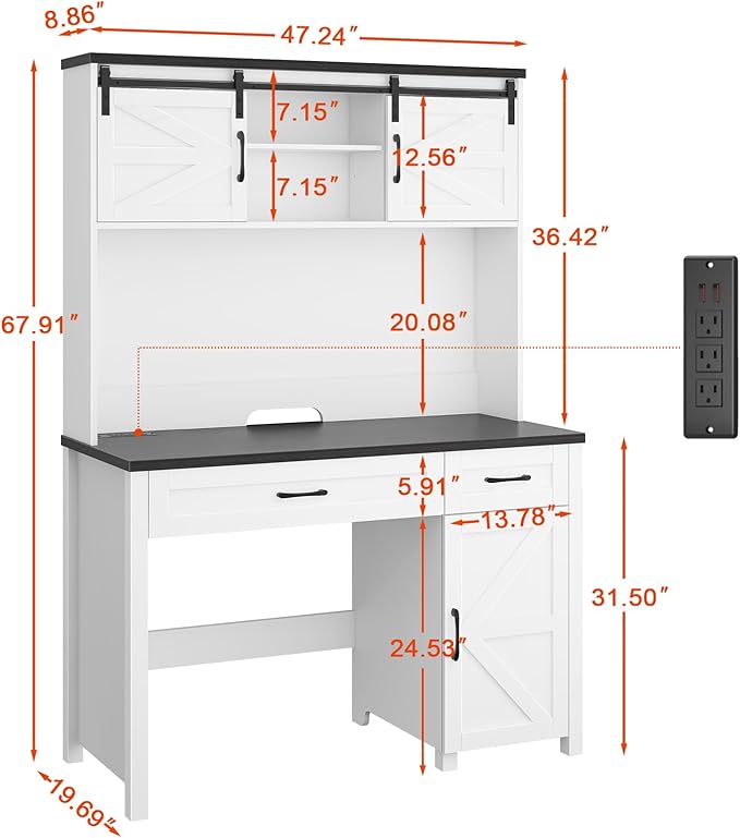 Vabches Farmhouse 47" Executive Desk, Computer Desk with 2 Drawers, Storage Cabinet and LED Light,Charging Hub, Home Office Desk with Hutch, Workstation for Home Office and Study, (Black
