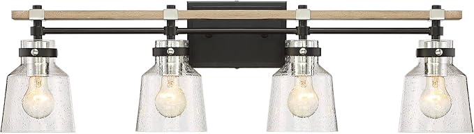 Possini Euro Design Broadway Modern Industrial Wall Light Black Painted Faux Wood Hardwired 32" 4-Light Fixture Clear Seedy Glass Shade for Bedroom Bedside Bathroom Vanity Living Room Hallway House