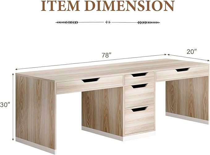 Two Person Desk with 5 Drawers, Double Desk with Storage for 2 People, 78 Inch Extra Long Computer Desk Workstation with File Drawer for Home Office, White and Walnut