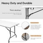 Folding Table 6FT HDPE 6 Foot Foldable Table Portable Banquet Surface Fold-in-Half Desk Utility for Working Meeting Parties, Picnic, Camping, Weddings, Catering, Garden Dining-White