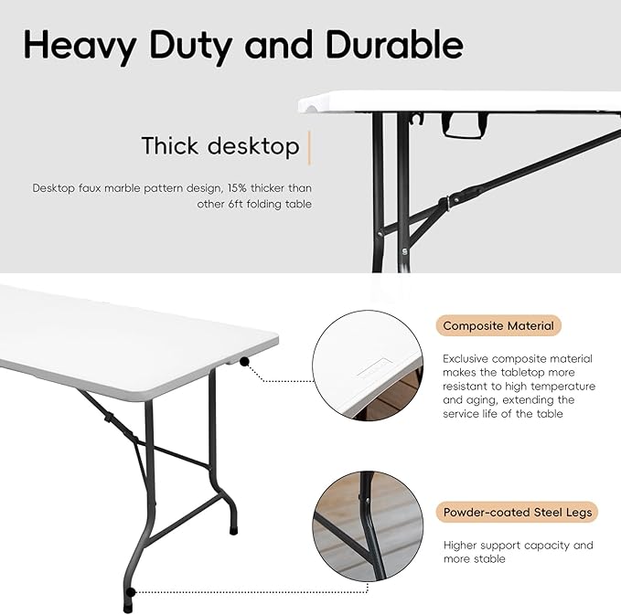 Folding Table 6FT HDPE 6 Foot Foldable Table Portable Banquet Surface Fold-in-Half Desk Utility for Working Meeting Parties, Picnic, Camping, Weddings, Catering, Garden Dining-White