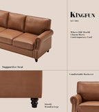 Kingfun Mid-Century Modern Couch, Faux Leather Sofa Set, 3 Seater Couch for Living Room with Rolled arms & Nailhead Trim,Brown