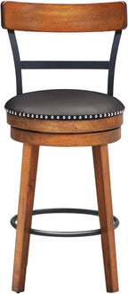 COSTWAY Bar Stools Set of 4, 360-Degree Swivel Stools with Leather Padded Seat, Single Slat Ladder Back & Solid Rubber Wood Legs, Counter Height Stools for Pub, Restaurant, Kitchen, Brown (4, 25.5)