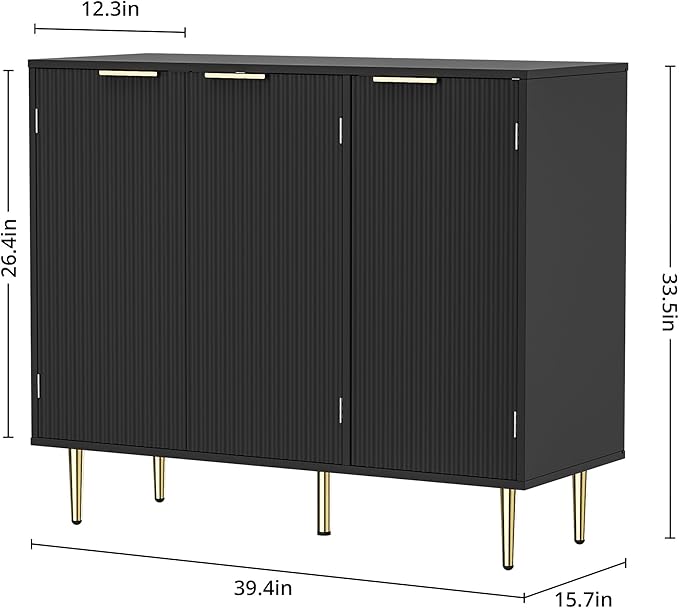 Fluted Sideboard Buffet with 3 Doors, Modern Accent Cabinet with Adjustable Shelves, Kitchen Storage Cabinet with Golden Handles, Coffee Bar for Kitchen, Living Room, Black