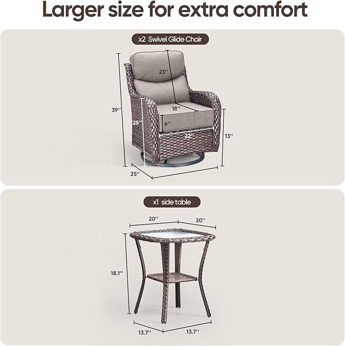Swivel Patio Chairs Set of 3 with 6" Thick Cushion - Wicker Outdoor Swivel Rocker Patio Chairs with Side Table, High Back Comfortable Outdoor Glider Chairs - Brown Wicker | Grey Cushions