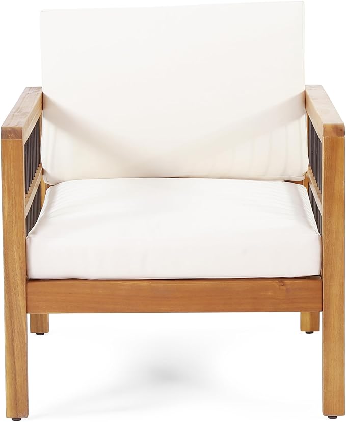 Christopher Knight Home Elias Outdoor Acacia Wood and Iron Club Chair with Cushions, Teak, Black, Beige