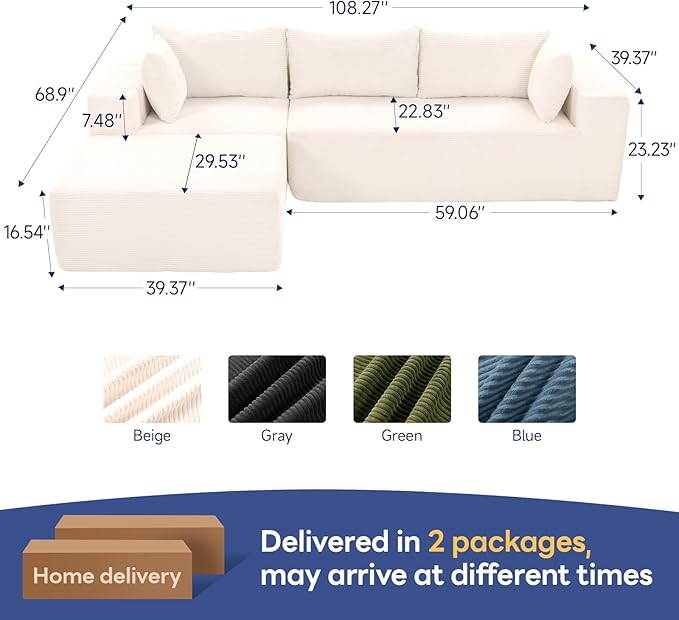 2025 New 108" Cloud Couch Sectional, Modular Sectional Sofa with L-Shaped Chaise, Deep Seat Sectional Modular Couch for Living Room, No Assembly Required (Beige, Chaise Ottoman)