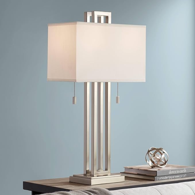 Possini Euro Design Gossard Modern Table Lamp 30" Tall Brushed Nickel Silver Open Metal White Fabric Rectangular Box Shade for Bedroom Living Room House Home Bedside Nightstand Office Family