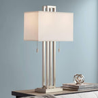 Possini Euro Design Gossard Modern Table Lamp 30" Tall Brushed Nickel Silver Open Metal White Fabric Rectangular Box Shade for Bedroom Living Room House Home Bedside Nightstand Office Family