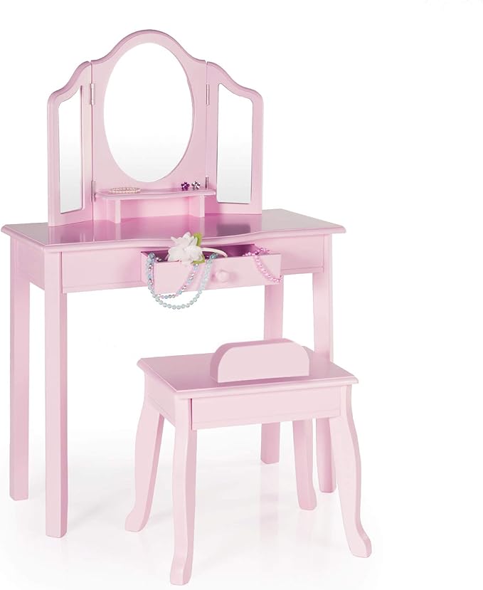Guidecraft Pink Vanity and Stool Set for Kids Age 3-8, Pretend Play Makeup Table with Mirrors and Chair for Girls, Wooden Princess Toy Vanity Desk Playset with Storage Drawer