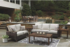 Signature Design by Ashley Paradise Trail Outdoor Loveseat with All Weather Cushions, Nuvella Weather Resistant Fabric, Medium Brown