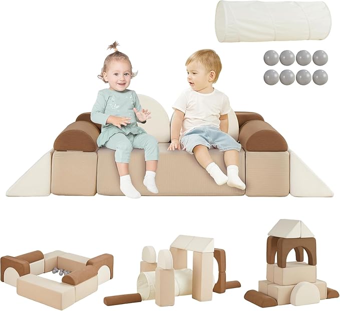Asweets Kids Play Couch with Tunnel and Balls, Play Couch for Toddlers, Kids Foam Convertible Play Building Fort for Christmas and New Year, Brown