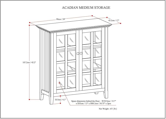 SIMPLIHOME Acadian Storage Cabinet - 39 inch Wide Solid Wood 4-Shelf Display Cabinet in Natural Aged Brown, Transitional Cupboard for Living Room or Dining Room with Glass Doors and Adjustable Shelves