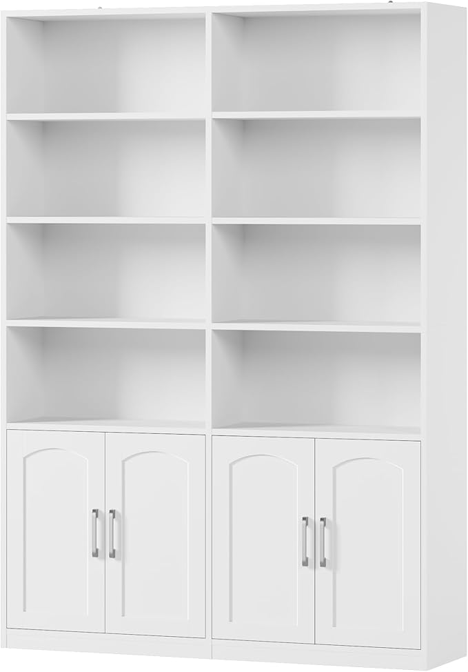 FACBOTALL Bookshelf and Bookcase with Doors, 6 Tier Double Wide Large Bookshelves, Open Display Shelves, 73'' Tall Bookshelf with Storage Cabinets for Home Office, Living Room, Library, White