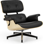 Top Black Grain Leather, Mid Century Chaise Lounge Chair and Ottoman, Modern Chair Classic Design, Ash Wood, Heavy Duty Base Support for Living Room Office