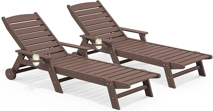 SERWALL Patio Chaise Lounge Chair Set of 2, 78'' Long 5-Positions Adjustable HDPE Outdoor Lounger for Pool, Poly Lounge Chair with Rolling Wheels & Cup Holder for Poolside, Deck, Coffee Brown