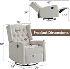 ABAKAN Swivel Rocker Recliner Chair, 360 Degree Nursery Rocking Recliner, Linen Glider Chair with Button Tufted Wingback Chair, for Living Room, Bedroom, Ivory
