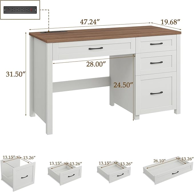 Vabches Farmhouse 47" Executive Desk, Computer Desk with File Drawer and Charging Station, Workstation for Home Office & Study（Off White