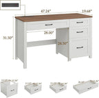Vabches Farmhouse 47" Executive Desk, Computer Desk with File Drawer and Charging Station, Workstation for Home Office & Study（Off White