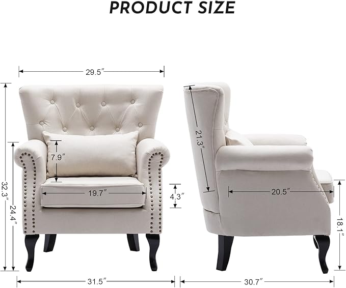 Accent Reading Arm Chairs Set of 2 for Living Room Bedroom, Midcentury Modern Comfy Corner Sofa Chair, Wingback Waiting Room Club Chair with Button Tufted Back &Lumbar Pillow, Linen Beige