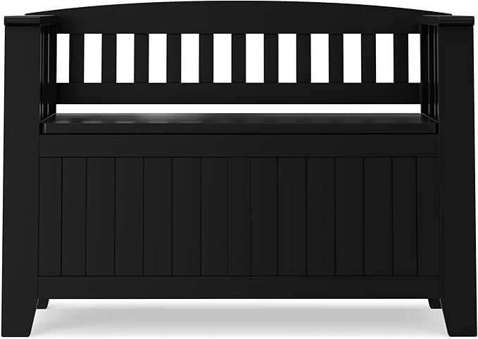 SIMPLIHOME Acadian Entryway Storage Bench - 36 inch Wide Solid Wood Small Hallway Seat in Black, Transitional Bench for Mudroom or Entryway with Lift-Up Lid, 2 Compartments and Slatted Backrest