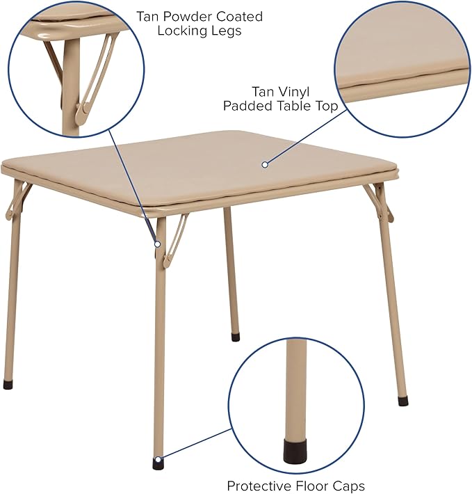 Flash Furniture Mindy Kids 3-Piece Folding Square Table and Chairs Set for Daycare and Classrooms, Children's Activity Table and Chairs Set, Tan