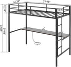 Karl home Twin Metal Loft Bed with Desk, with Power Outlet and LED Lighted, Safety Guardrail & Ladder, Space Saving, No Noise, No Box Spring Needed, Black&Brown